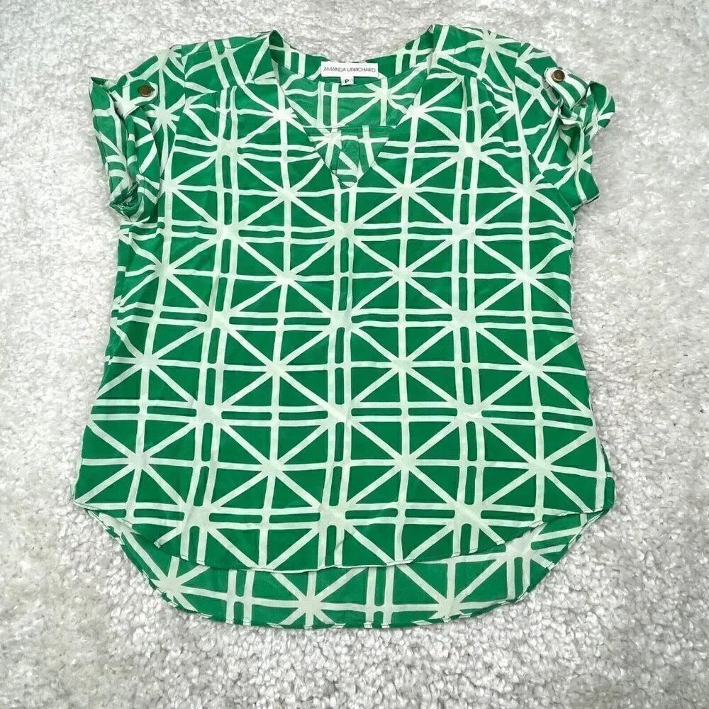 Amanda Uprichard Silk V-Neck Blouse Green White print Small Petite
